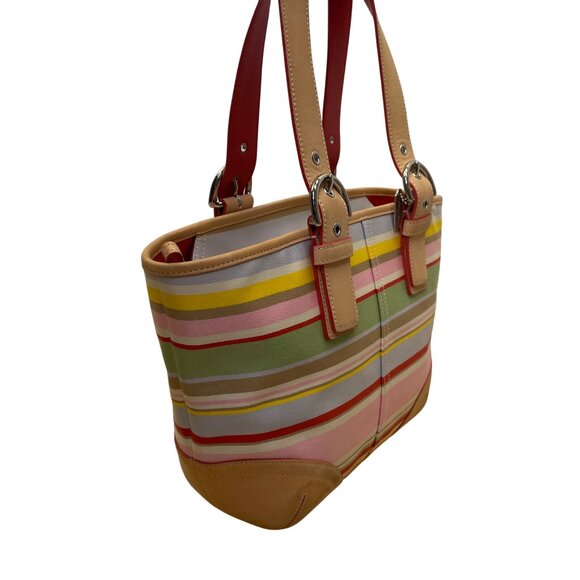 Coach Women’s Multicolor Canvas & Leather Striped With Daisy Charm Tote Bag Sz M - Picture 4 of 15